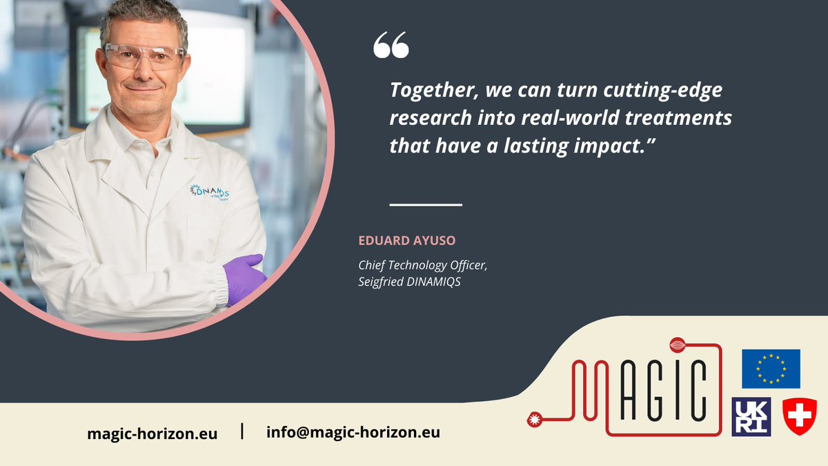 From discovery to delivery, gene therapies must be scalable. 

Siegfried DINAMIQS supports the #MAGICproject to tackle manufacturing early. 

Eduard Ayuso: “...make groundbreaking therapies manufacturable at quality and cost for patients.” 

🔗 magic-horizon.eu/news/meet-dina…