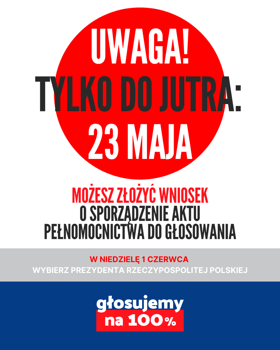 Uwaga! Tylko do jutra – 23 maja! ⏳
Złóż wniosek o pełnomocnictwo do głosowania i zadbaj o to, żeby Twój głos się liczył.
Wybierz prezydenta RP – w niedzielę 1 czerwca! 🗳️
<a href="/Glosujemyna100/">Głosujemyna100%</a> <a href="/UniaMetropolii/">Unia Metropolii Polskich</a>