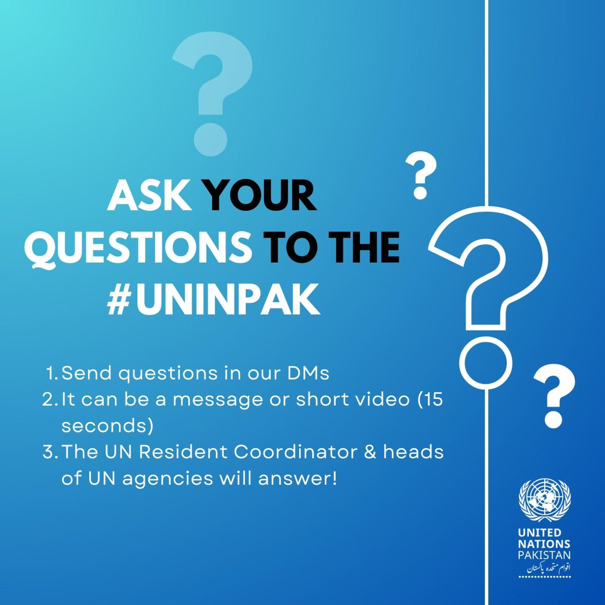 United Nations Pakistan - اقوام متحدہ پاکستان (@uninpak) on Twitter photo 🔵 What questions would you ask the <a href="/UNinPak/">United Nations Pakistan - اقوام متحدہ پاکستان</a>🇺🇳🇵🇰?
➡️ Send a message or short video (15 seconds) in our DMs
➡️ The selected questions will be part of our next #AskTheUN Podcast
➡️ UN Resident Coordinator <a href="/Momalindi/">Mo Yahya</a> & Heads of <a href="/UN/">United Nations</a> agencies will answer
#ASKTHEUN 🔵 What questions would you ask the <a href="/UNinPak/">United Nations Pakistan - اقوام متحدہ پاکستان</a>🇺🇳🇵🇰?
➡️ Send a message or short video (15 seconds) in our DMs
➡️ The selected questions will be part of our next #AskTheUN Podcast
➡️ UN Resident Coordinator <a href="/Momalindi/">Mo Yahya</a> & Heads of <a href="/UN/">United Nations</a> agencies will answer
#ASKTHEUN