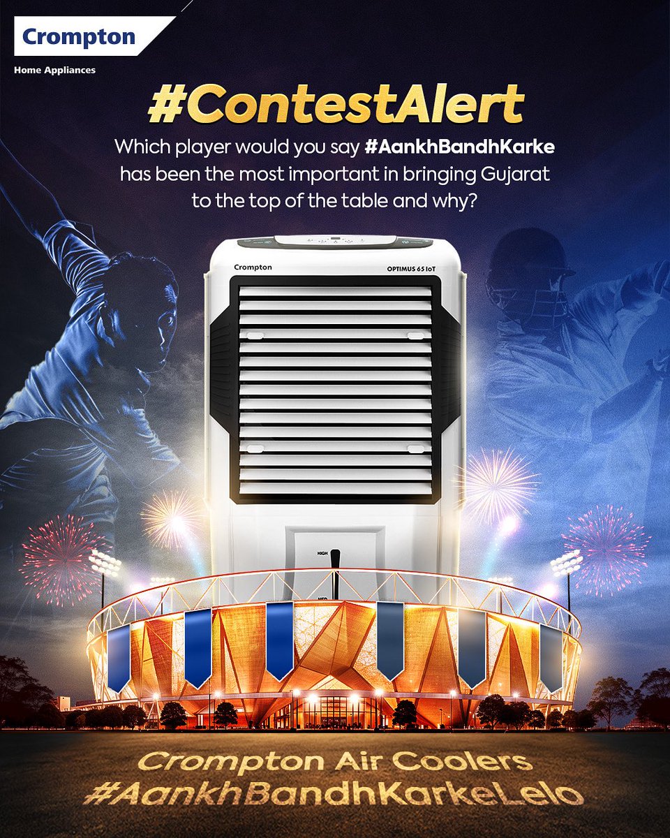 Share your thoughts on the player you think has been the most important in bringing Gujarat to the top of the table. 

Follow the below steps to participate:
1️⃣ Follow us on Instagram and Twitter | @crompton_india