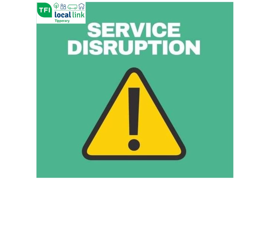 TFI Local Link Tipperary (@locallinktipp) on Twitter photo Due to a vehicle breakdown, our 322 service could not complete the 7:25am & 8:10am trips.
We will be back on track for the 10:05am trip. Apologies for any inconvenience caused. #Ruralbus #trythebus
<a href="/TipperaryLive/">TipperaryLive</a> <a href="/VisitTipp/">TipperaryTourism</a> πππ Due to a vehicle breakdown, our 322 service could not complete the 7:25am & 8:10am trips.
We will be back on track for the 10:05am trip. Apologies for any inconvenience caused. #Ruralbus #trythebus
<a href="/TipperaryLive/">TipperaryLive</a> <a href="/VisitTipp/">TipperaryTourism</a> πππ