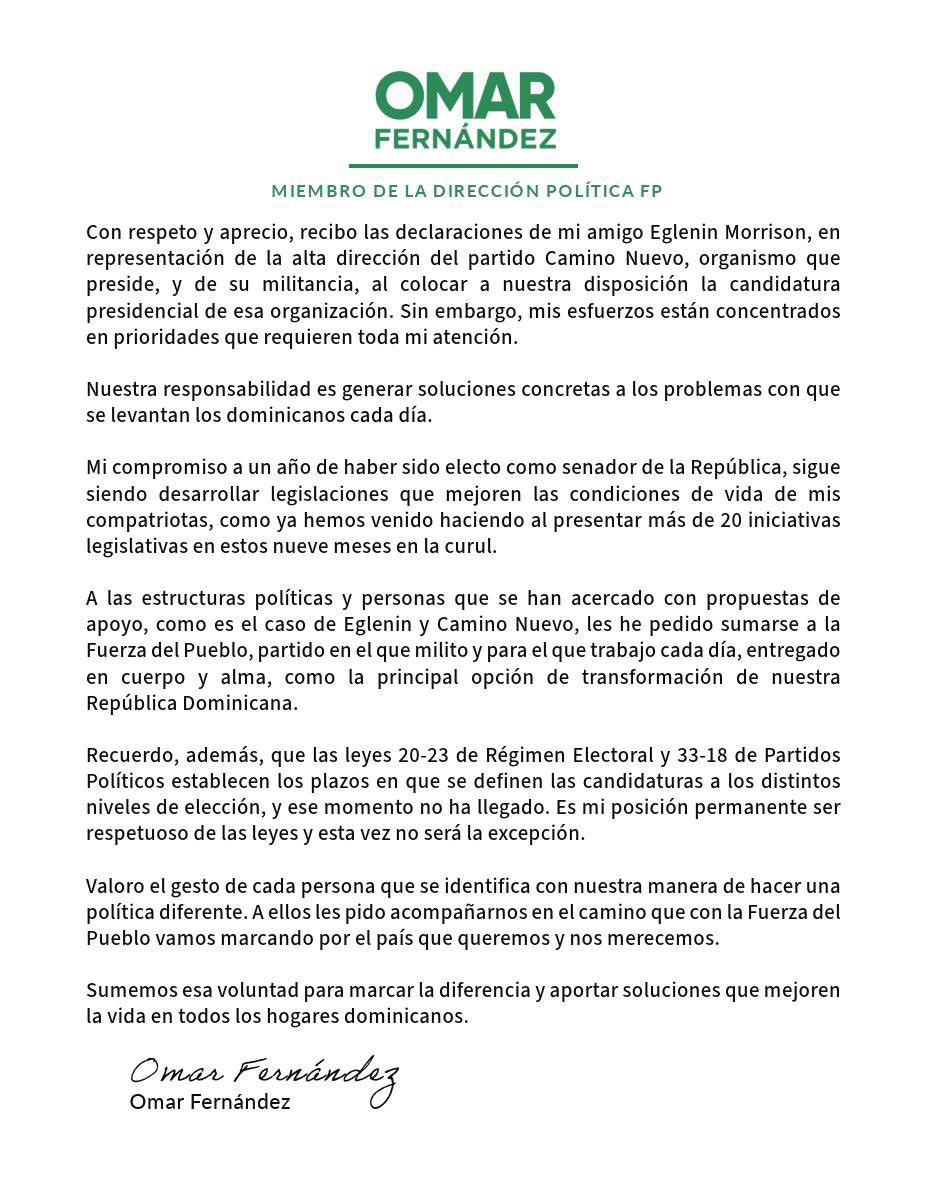 Leonardo Grisanty Cosme (@grisantycosme) on Twitter photo Fenomenal!
Carta del compañero miembro de la Dirección Política y Senador de la República, el amigo <a href="/OmarLFernandez/">Omar Fernández</a> a <a href="/EgleninMorrison/">Eglenin Morrison</a>, su partido Camino Nuevo, su militancia, así como a otros que se han acercado o manifestado el deseo de una candidatura Presidencial. Fenomenal!
Carta del compañero miembro de la Dirección Política y Senador de la República, el amigo <a href="/OmarLFernandez/">Omar Fernández</a> a <a href="/EgleninMorrison/">Eglenin Morrison</a>, su partido Camino Nuevo, su militancia, así como a otros que se han acercado o manifestado el deseo de una candidatura Presidencial.