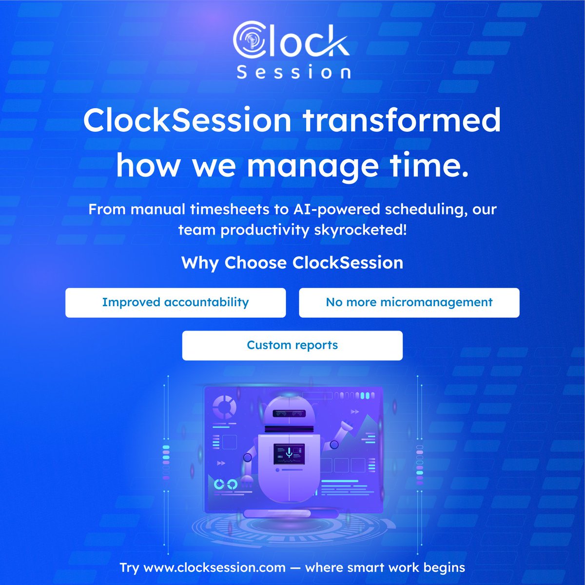 ClockSession's tweet photo. “Clock Session transformed how we manage time.”
📲 Try Clock Session today — where smart work begins.
🌐 https://t.co/CO9sV9E4xa | 📞 +91 70738 99493
#ClockSessionSuccess #SmartScheduling #ClientStories #EmployeeMonitoring #PerformanceMatters #TimeTrackingTools #WorkSmart https://t.co/sroBwXJVqj