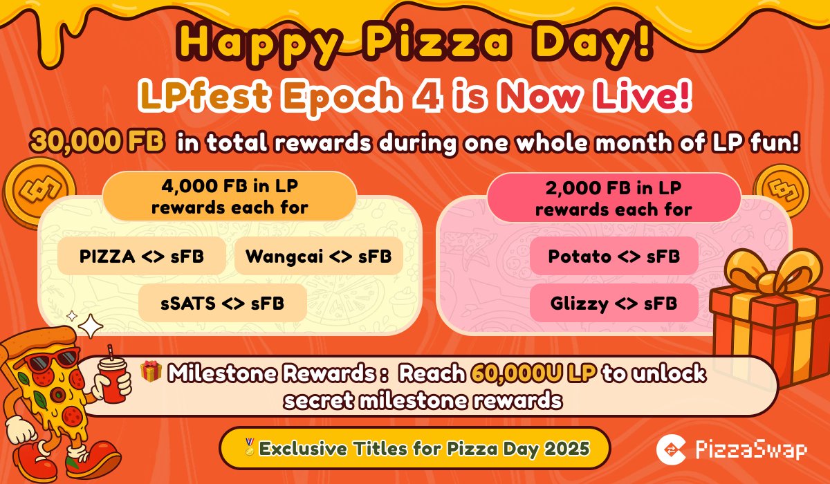 🍕 Happy Pizza Day! PizzaSwap LPfest Epoch 4 is Now Live! 30,000 FB in  total rewards during one whole month of LP fun! 📍 Join here:  https://t.co/I3iu0EOvrO ⏰ Epoch 4: May 22 -