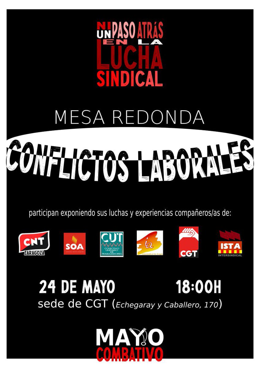 📢 Mesa redonda / conflictos sindicales 

Este sábado un compañero de CNT Huesca participará en esta charla hablando sobre Litera Meat #LiteraMeatCNT

🗓️ Sábado 24 mayo, Zaragoza 
⏰ 18h
📍 sede de CGT (C/ echegaray y caballero 170)