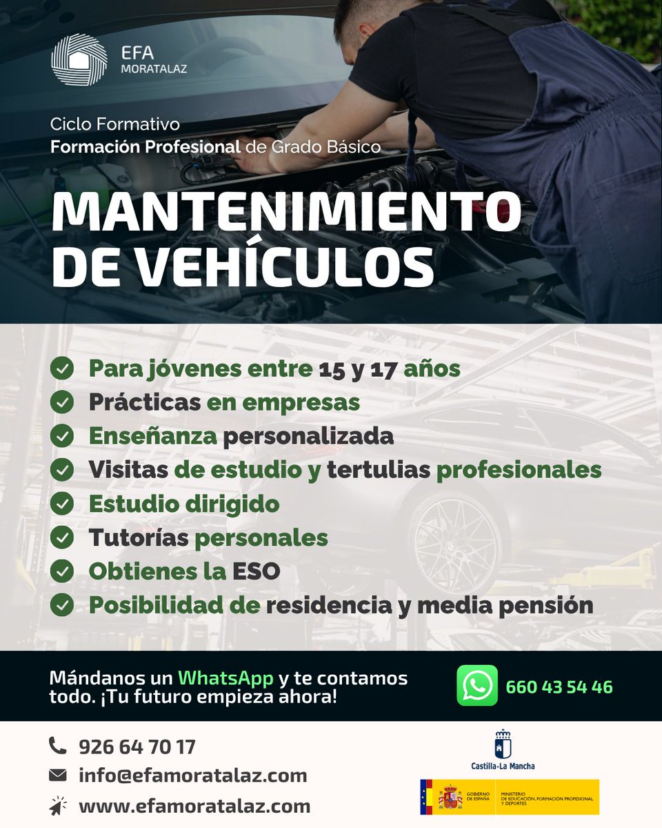 EFAMoratalaz's tweet photo. 🏃¡NO TE QUEDES SIN TU PLAZA EN EFA MORATALAZ!🏃Aún estás a tiempo de formarte con nosotros en Informática y Comunicaciones, Mantenimiento de Vehículos, Electromecánica y Automoción. Contáctanos al teléfono 926 64 70 17 o acércate a nuestro Centro.

#FP #efamoratalaz 

@efasclm https://t.co/YEgkRnaoGe