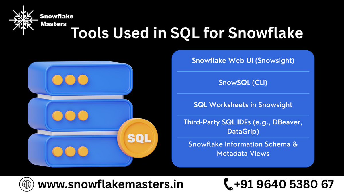 SnowflakeCourse's tweet image. These tools make it easier, faster, and smarter! 👇
🔧 Snowflake Web UI
💻 Snowsight
🧪 SQL Workbench/J
🧠 DBeaver
⚙️ Visual Studio Code + SQL extensions
🧰 DBT (Data Build Tool)
#Snowflake #SQLTools #DataEngineering #CloudComputing #DBT #DataAnalytics #DataWarehouse #LearnSQL