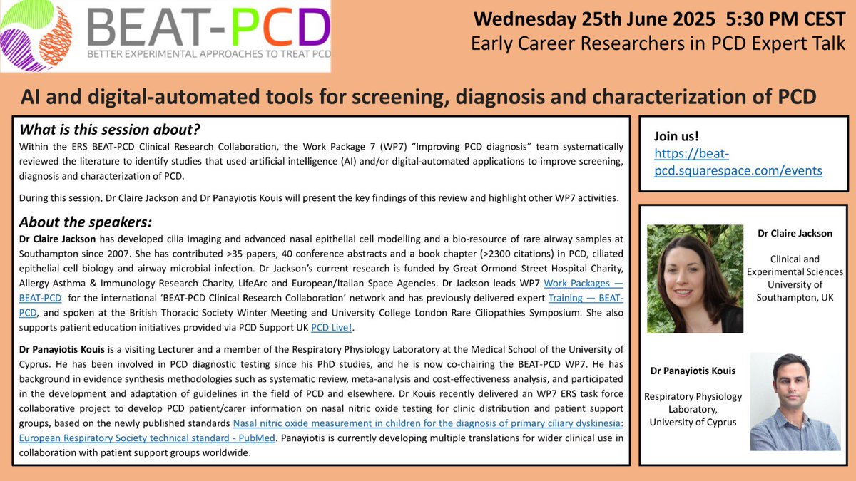 Join us next month for #AI in diagnostics of #PCD with our experts <a href="/_Claire_Jackson/">Dr Claire Jackson 🔬</a> and Panayiotis Kouis.
To register 👉🏻 beat-pcd.squarespace.com/events

<a href="/beatpcd/">BEAT-PCD (ERS CRC)</a> <a href="/YinTing_Lam/">Yin Ting Lam</a> <a href="/EarlyCareerERS/">ERS Early-Career Members</a> <a href="/unisouthampton/">University of Southampton</a> <a href="/UCYOfficial/">University of Cyprus</a> #artificialintelligence