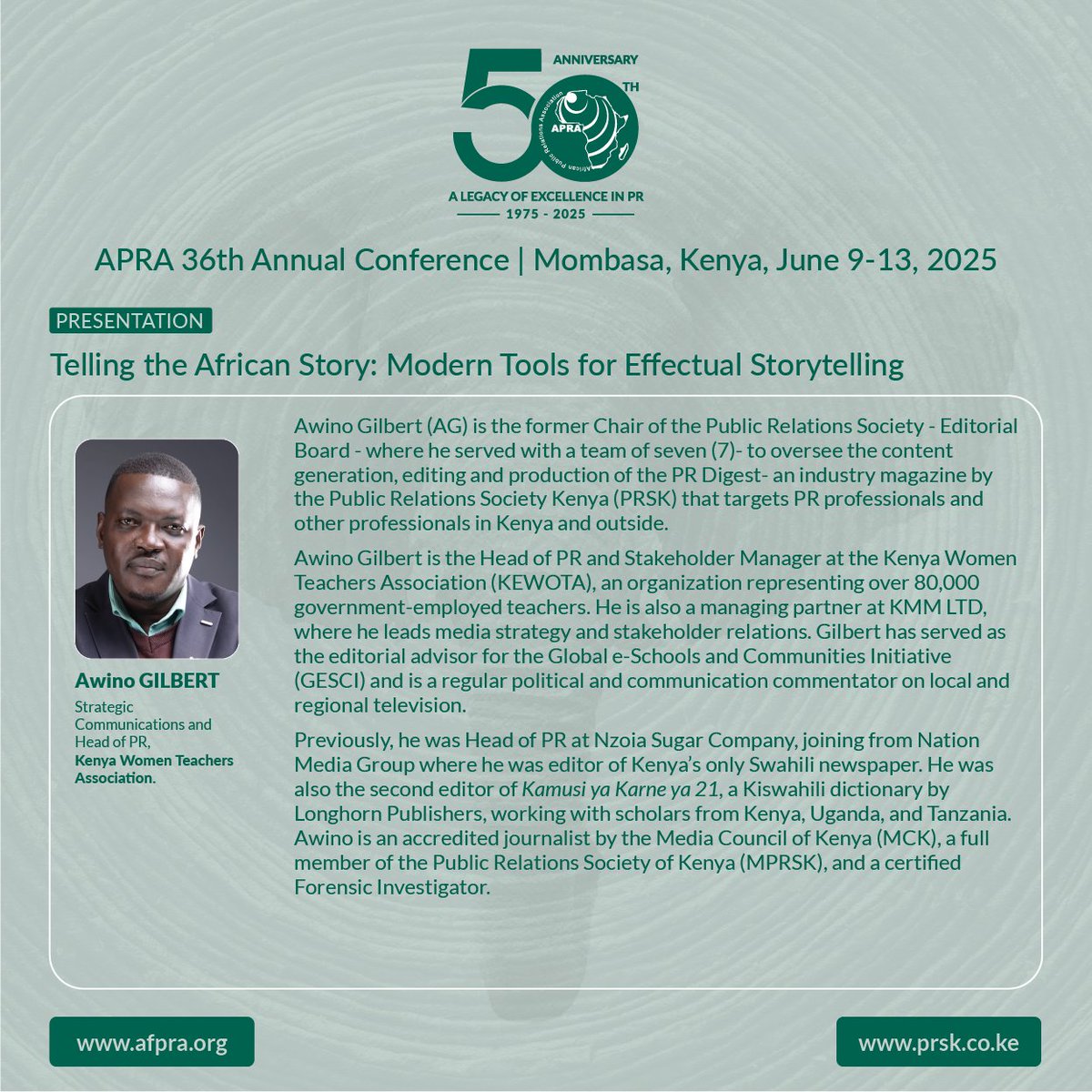 prskkenya's tweet photo. Modern tools, authentic voices, and global reach come together as we explore how African stories are being powerfully told today. Join Annette Wachira and @AwinogilbertG at the #APRA Conference for insights you don’t want to miss.

Register now: https://t.co/GgW87zSiwu

#APRA@50 https://t.co/h31hPBvLQL