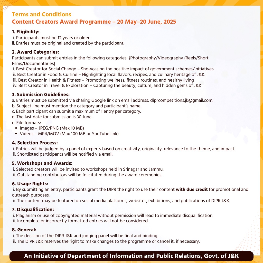 Information & PR, J&K (@diprjk) on Twitter photo Calling all content creators of J&K!
Submit your best work in photography, videography, food, fitness, travel & more.
Win awards, attend workshops, and get featured!
Deadline: 30 June
Email: diprcompetitions.jk@gmail.com
#DigitalCreatorsJK #DIPRJK #JammuAndKashmir
<a href="/CM_JnK/">Office of Chief Minister, J&K</a> Calling all content creators of J&K!
Submit your best work in photography, videography, food, fitness, travel & more.
Win awards, attend workshops, and get featured!
Deadline: 30 June
Email: diprcompetitions.jk@gmail.com
#DigitalCreatorsJK #DIPRJK #JammuAndKashmir
<a href="/CM_JnK/">Office of Chief Minister, J&K</a>