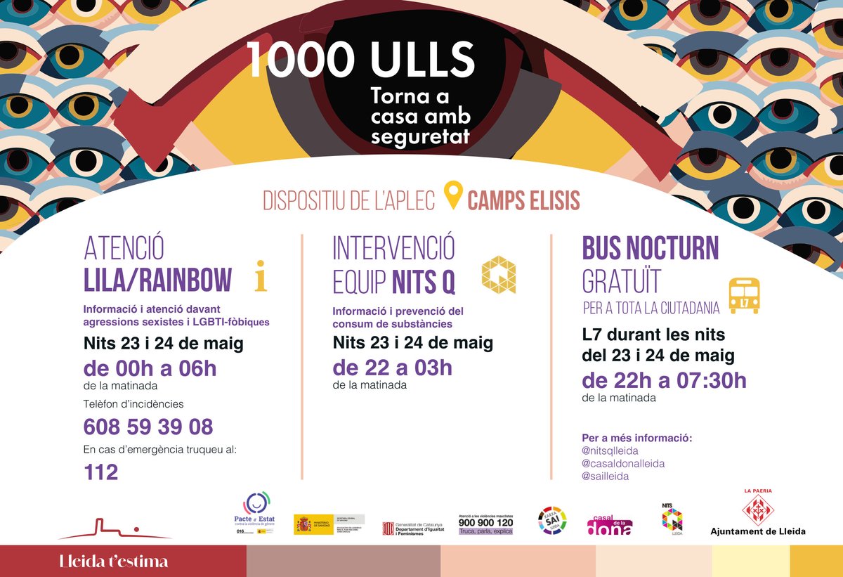 Ajuntament de Lleida (@paerialleida) on Twitter photo 🔈L’Ajuntament de Lleida posa en marxa el dispositiu de prevenció "1.000 ulls" per l’<a href="/AplecCaragol/">Aplec Caragol Lleida</a> amb la col·laboració de la Fecoll.
🟣Nits Q i Punt Lila/Rainbow vetllaran per unes nits segures per a tothom!
🚌Autobús nocturn L-7 gratuït a demanda.
+ℹ️paeria.cat/ca/actualitat/… 🔈L’Ajuntament de Lleida posa en marxa el dispositiu de prevenció "1.000 ulls" per l’<a href="/AplecCaragol/">Aplec Caragol Lleida</a> amb la col·laboració de la Fecoll.
🟣Nits Q i Punt Lila/Rainbow vetllaran per unes nits segures per a tothom!
🚌Autobús nocturn L-7 gratuït a demanda.
+ℹ️paeria.cat/ca/actualitat/…
