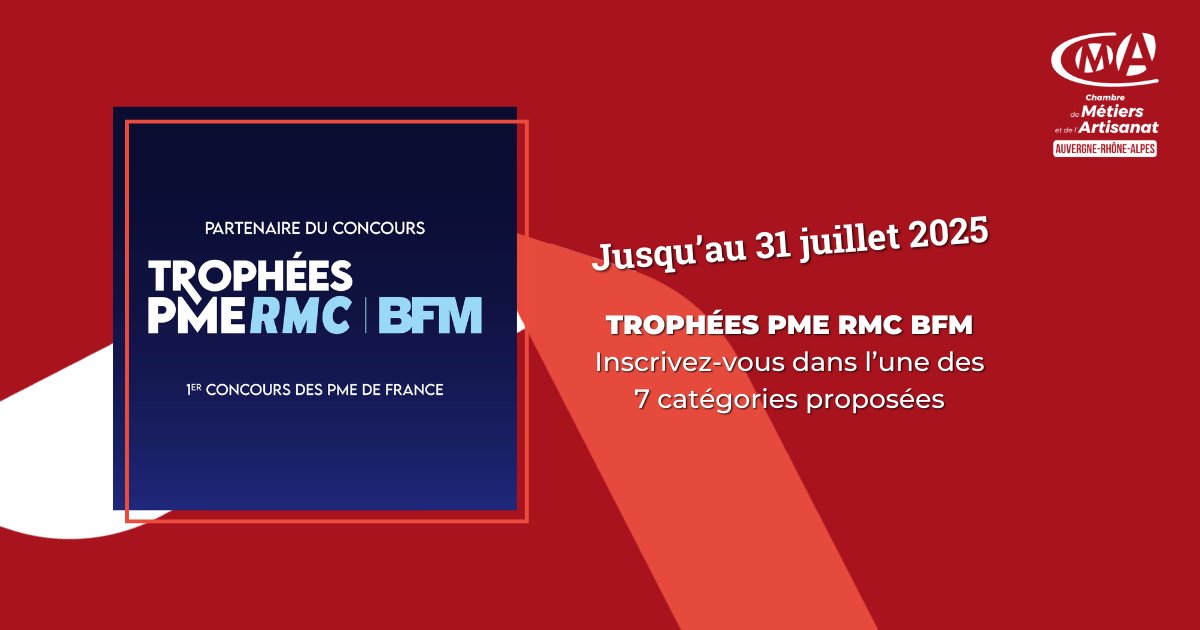 🙌 Les inscriptions aux Trophées PME RMC BFM 2025 sont ouvertes !
Vous êtes une PME qui innove, exporte, crée ou fabrique en 🇫🇷 ? Jusqu'au 31/07, candidatez dans l'une des 7️⃣ catégories proposées.
À vous de jouer : swll.to/iUrOjS
#SavoirFaire #artisanat #entrepreneuriat
