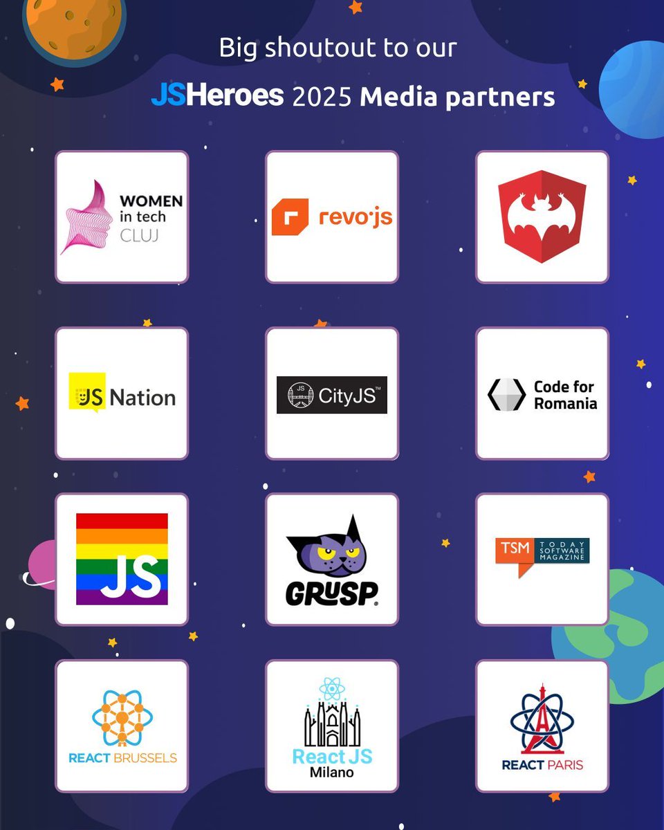 jsheroes's tweet photo. We've said it before, and we'll say it again - JSHeroes wouldn't be possible without the incredible community behind it. 💙 

👏 Big thanks to our media partners for supporting our mission and spreading the word! 

#JSHeroes #TechConference #TechInnovation #JavaScriptTrends https://t.co/l10Zefxr9a
