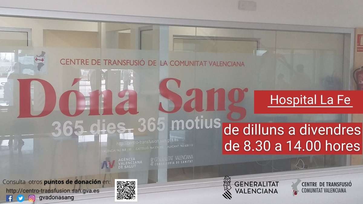 GVA Dona Sang (@gvadonasang) on Twitter photo Dona sang a l'<a href="/HospitalLaFe/">HospitalLaFe</a>
📌Edifici Hospitalització
Cada dia els nostres hospitals necessiten sang. No esperes que siga urgent, la sang ha d'estar disponible diàriament.
👉Pots donar sang si tens 18 anys, peses més de 50kg i gaudeixes de bona salut. Dona sang a l'<a href="/HospitalLaFe/">HospitalLaFe</a>
📌Edifici Hospitalització
Cada dia els nostres hospitals necessiten sang. No esperes que siga urgent, la sang ha d'estar disponible diàriament.
👉Pots donar sang si tens 18 anys, peses més de 50kg i gaudeixes de bona salut.