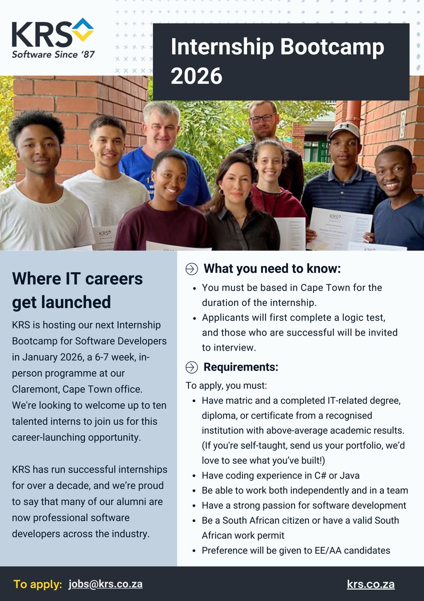 Every year we meet a handful of bright minds who just needed a real foot in the door. Our 2026 Internship Bootcamp is now open for applications.

It’s in-person, Cape Town, early 2026.

We’re looking for curious, committed developers.

krs.co.za/internships/