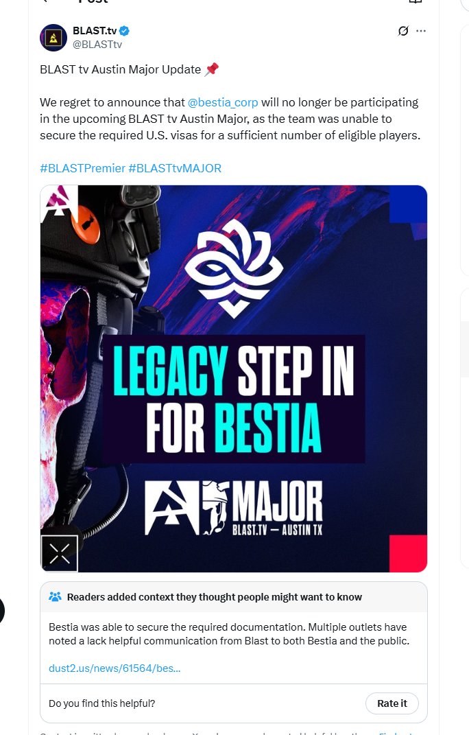 BLAST got community noted for something that definitely did not happen. If BESTIA had secured documentation before the deadline they wouldn't be replaced.

Also - the article on Dust2 does not state what the community note reads either. 

Absolutely crazy scenes on the timeline