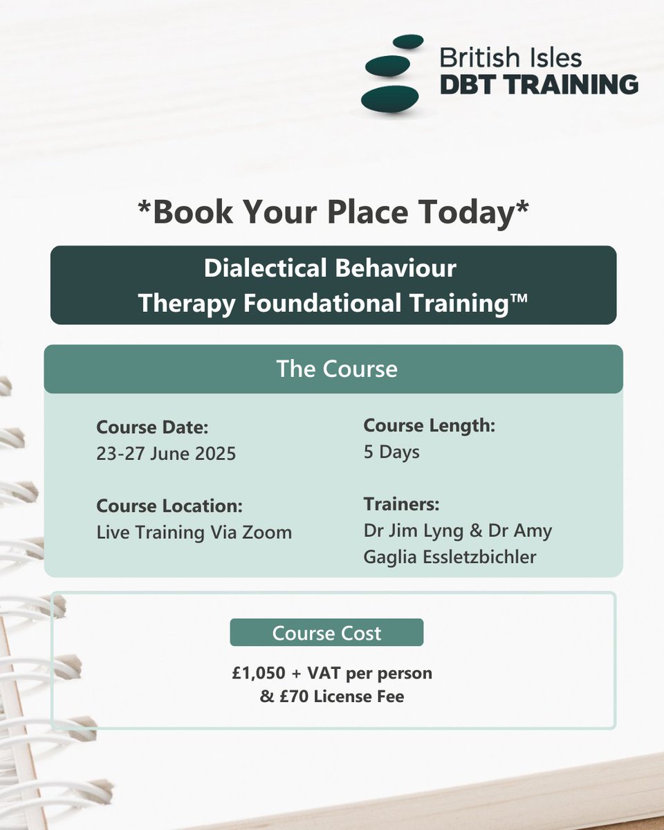 🚨 Last Chance to Apply! 🚨

The Team Leader application deadline for our Dialectical Behaviour Therapy Foundational Training™ is almost here! ⏳

📅 Deadline: Friday 6th June
📍 Apply now: dbt-training.co.uk/course/dialect…