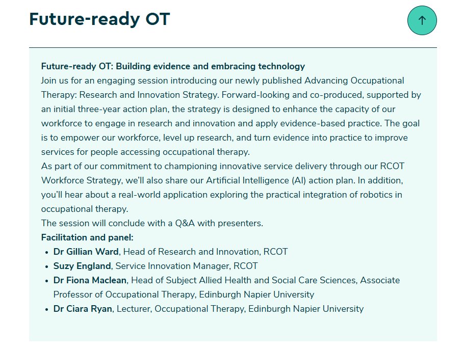 💚Really looking forward to hearing from <a href="/MacleanFiona/">Fiona Maclean</a> and <a href="/CiaraMRyan/">Ciara Ryan</a> at Member's day talking about preparing OT students for the future. Napier is conducting really interesting research which will help to future-proof our profession and deliver improved outcomes for patients🌟