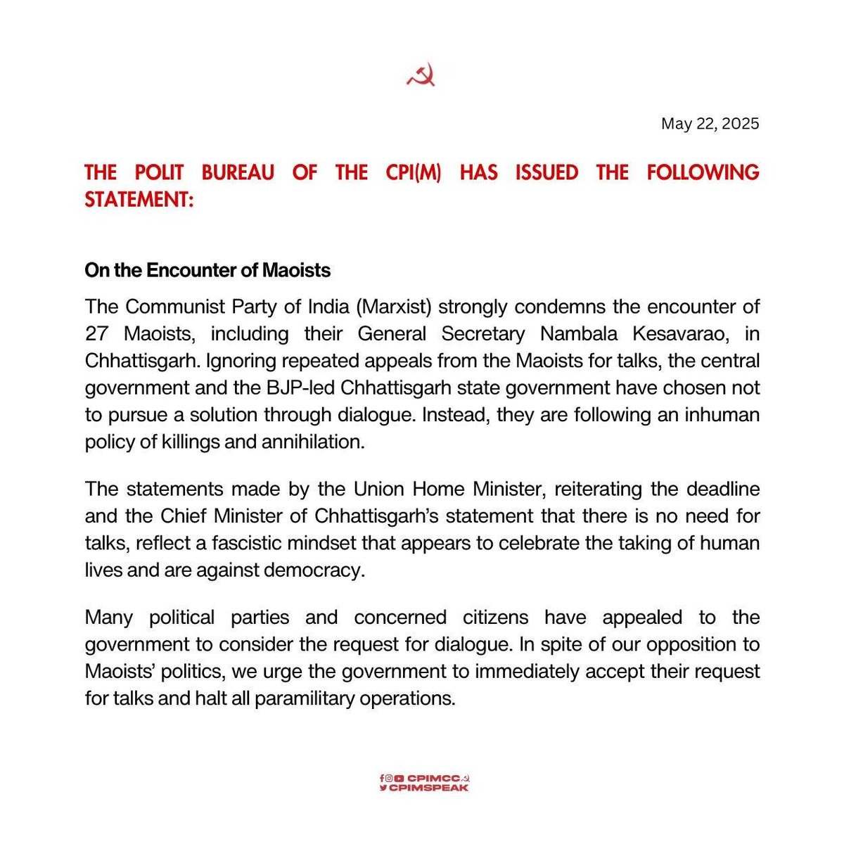 CPIM Polit Bureau statement on the Encounter of 27 #Maoists in Chhattisgarh.
Read the statement at: cpim.org/on-the-encount…