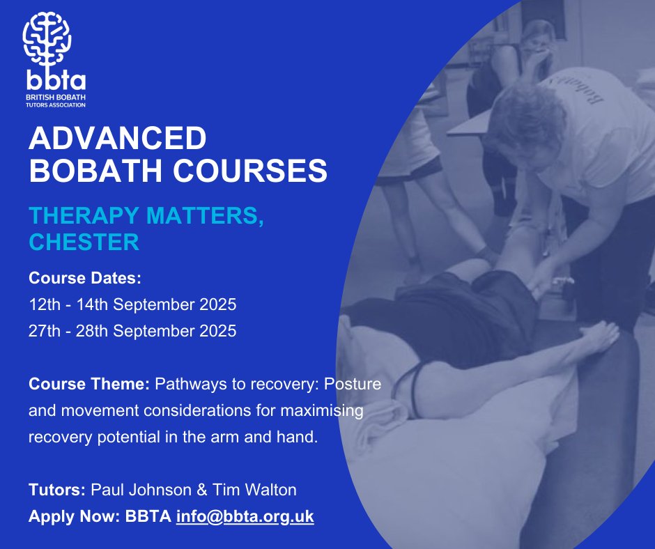 BBTA Bobath Tutors (@bbtatutors) on Twitter photo Are you ambitious to achieve better outcomes for upper limb recovery in your patients? This course is designed for you.
🏥 Therapy Matters, Chester
🗓 12th - 14th & 27th - 28th September 2025
🎓 Course Fee: £600
📧 Apply today; info@bbta.org.uk
#bobathworks Are you ambitious to achieve better outcomes for upper limb recovery in your patients? This course is designed for you.
🏥 Therapy Matters, Chester
🗓 12th - 14th & 27th - 28th September 2025
🎓 Course Fee: £600
📧 Apply today; info@bbta.org.uk
#bobathworks