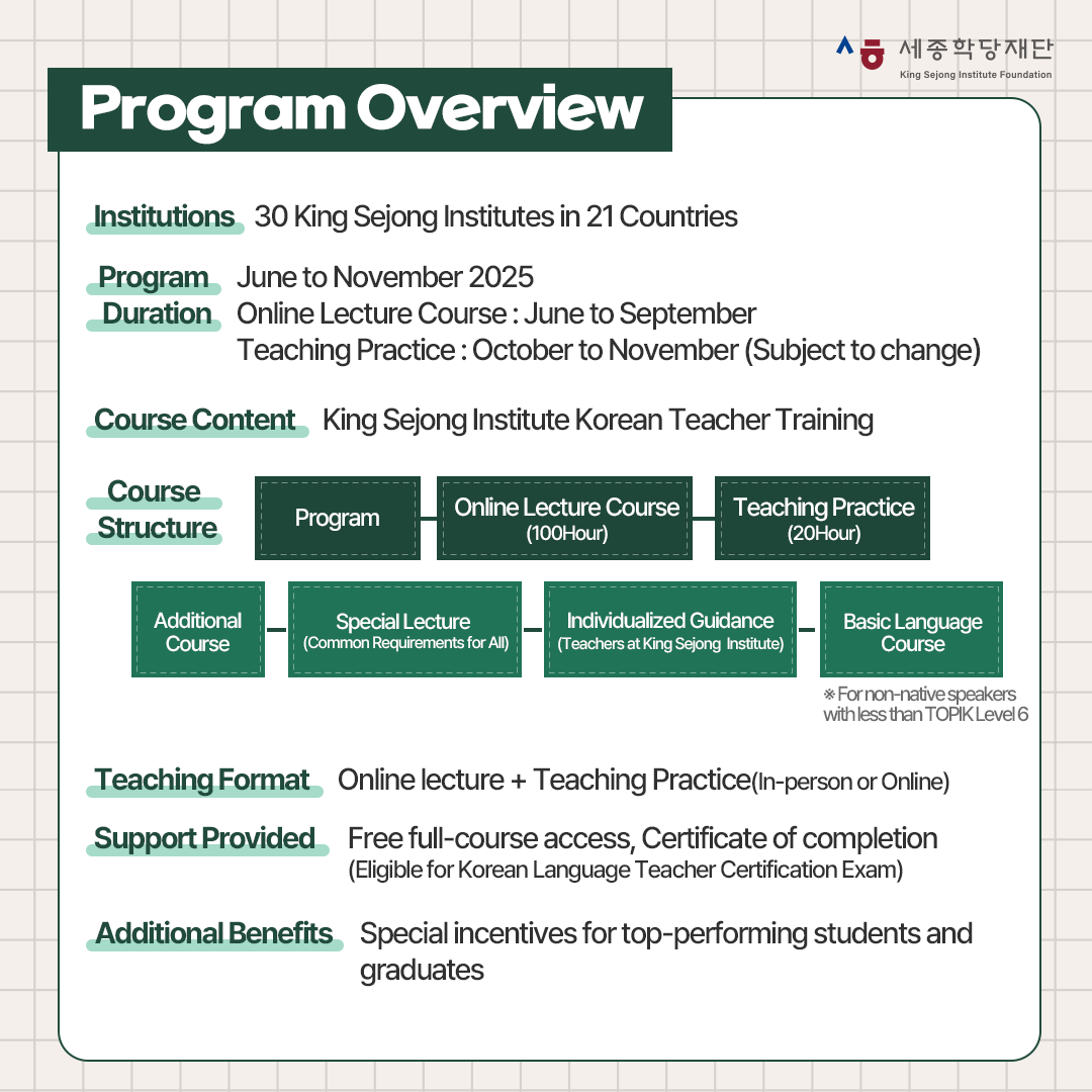 [ Korean Teacher Training Programme ]

Registration Period: 19 - 28 May 2025
Registration via: forms.gle/jdJPkH4SwV2FqD…
Fee: free
Online course begins: 20 June
Practicum: October-November 2025 (subject to change)
Select venue (questionnaire No 2) Preston to participate in the UK.