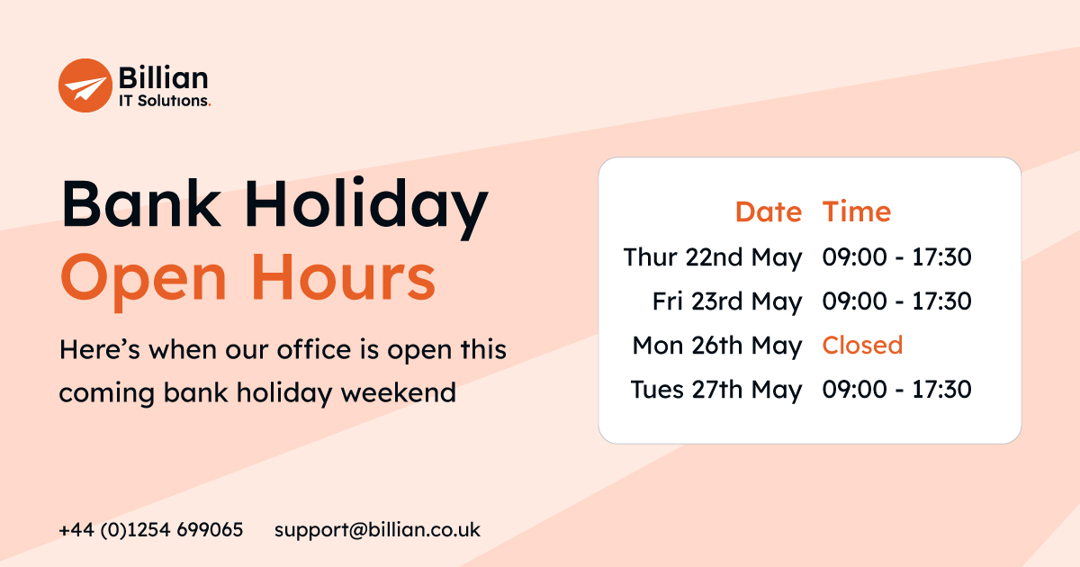 billianIT's tweet image. The long bank-holiday weekend approaches soon!

We just wanted to let you know when our offices will be open.

#bankholiday #openhours