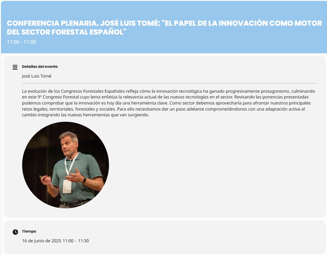 AGRESTA S. Coop. (@agrestascoop) on Twitter photo El 9º <a href="/congresoforesta/">Congreso Forestal Español</a> (16-20 junio en #Gijón) ya tiene programa provisional:
9cfe.congresoforestal.es/programa
La Jornada inaugural la abre, en Conferencia plenaria, (16/06/2025-11 :00h) nuestro compañero <a href="/quecoak/">Jose Luis Tome</a>:
"El papel de la innovación como motor del sector forestal español"
#9CFE El 9º <a href="/congresoforesta/">Congreso Forestal Español</a> (16-20 junio en #Gijón) ya tiene programa provisional:
9cfe.congresoforestal.es/programa
La Jornada inaugural la abre, en Conferencia plenaria, (16/06/2025-11 :00h) nuestro compañero <a href="/quecoak/">Jose Luis Tome</a>:
"El papel de la innovación como motor del sector forestal español"
#9CFE