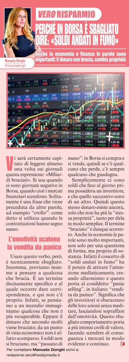 📰 In uscita oggi in edicola, la rivista VERO con il nuovo approfondimento di educazione finanziaria nella mia rubrica VERO RISPARMIO

🔥Luogo comune: la Borsa BRUCIA i soldi. 
Mi immagino un grande falò... una "bella" suggestione, ma assolutamente irreale! 

#economia #finanza