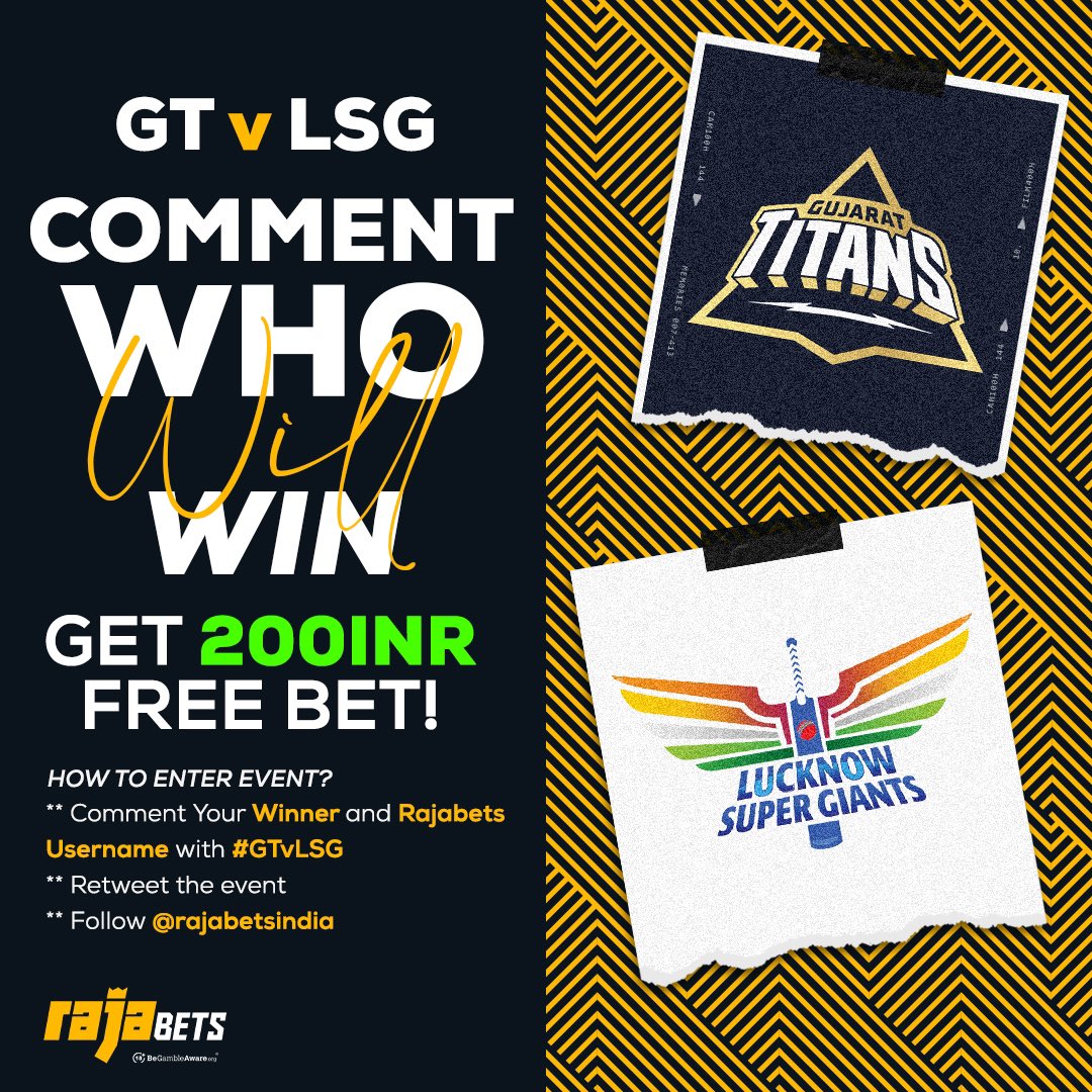 Rajabets 🇮🇳👑 (@rajabetsindia) on Twitter photo Choose the winner of today's #GTvLSG match and win 200INR Free Bet!
How to enter event? 🎉
👉🏻 Follow <a href="/rajabetsindia/">Rajabets 🇮🇳👑</a>
👉🏻 Retweet the post
👉🏻 Comment Username with your predict (GT or LSG) and add #GTvLSG
➡️ raja.link/twitter Choose the winner of today's #GTvLSG match and win 200INR Free Bet!
How to enter event? 🎉
👉🏻 Follow <a href="/rajabetsindia/">Rajabets 🇮🇳👑</a>
👉🏻 Retweet the post
👉🏻 Comment Username with your predict (GT or LSG) and add #GTvLSG
➡️ raja.link/twitter
