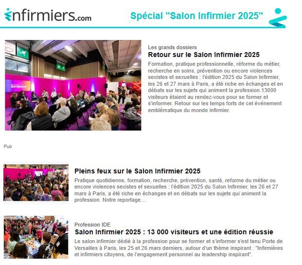 Formation, pratique professionnelle, réforme du métier, recherche en soins, prévention ou encore violences sexistes et sexuelles... Retrouvez la newsletter Spécial "Salon Infirmier 2025" d'Infirmiers.com 👉 m.eml.infirmiers.com/nl/jsp/m.jsp?c…