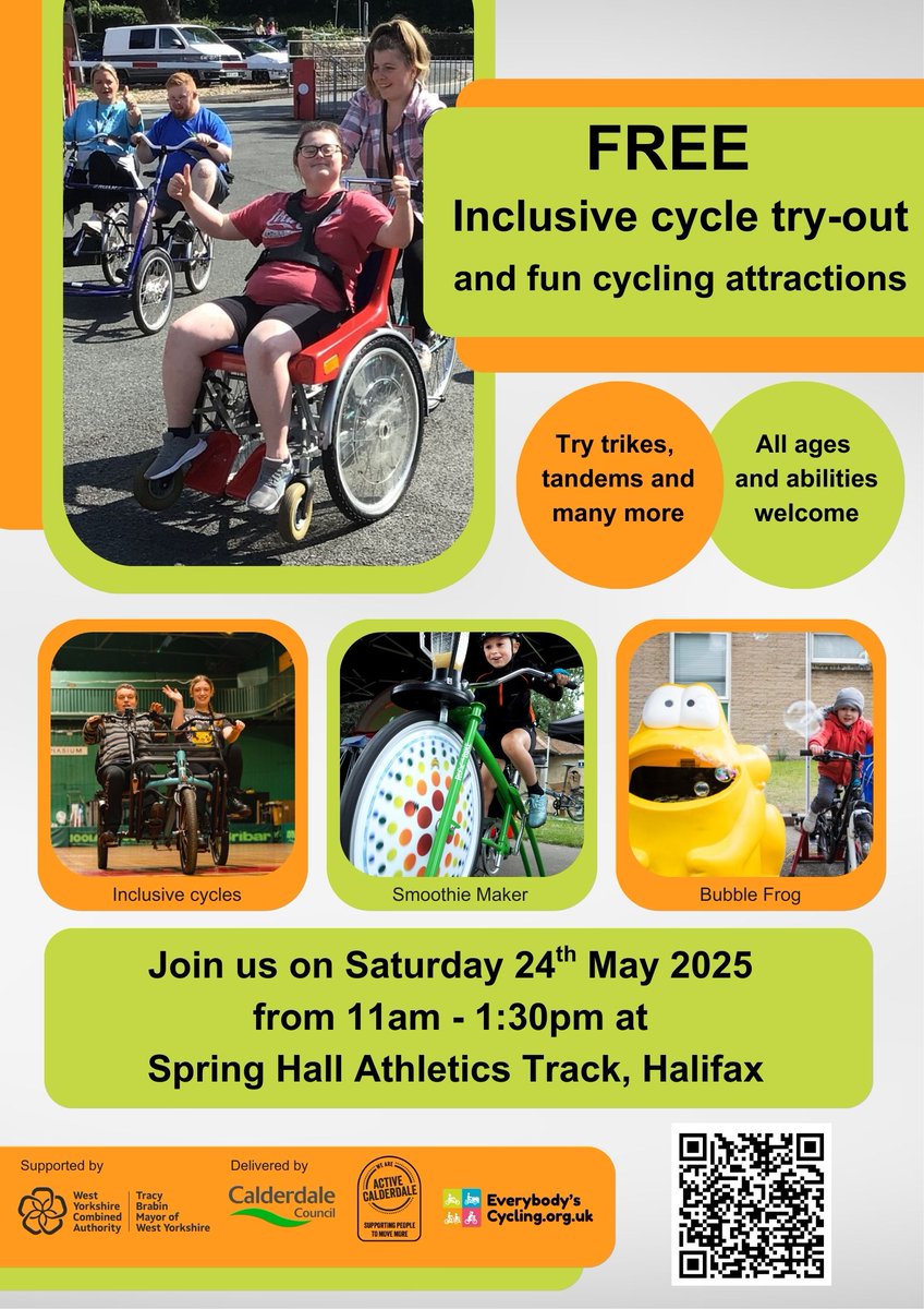 🚲 Try inclusive cycling for free!
Join us on Sat 24 May from 11am–1:30pm at Spring Hall Athletics Track, Halifax.

✅ Inclusive trikes, tandems &amp; more
🧃 Smoothie bike
🫧 Bubble Frog
👋 All ages &amp; abilities welcome – no booking needed.

Info: everybodyscycling.org.uk
