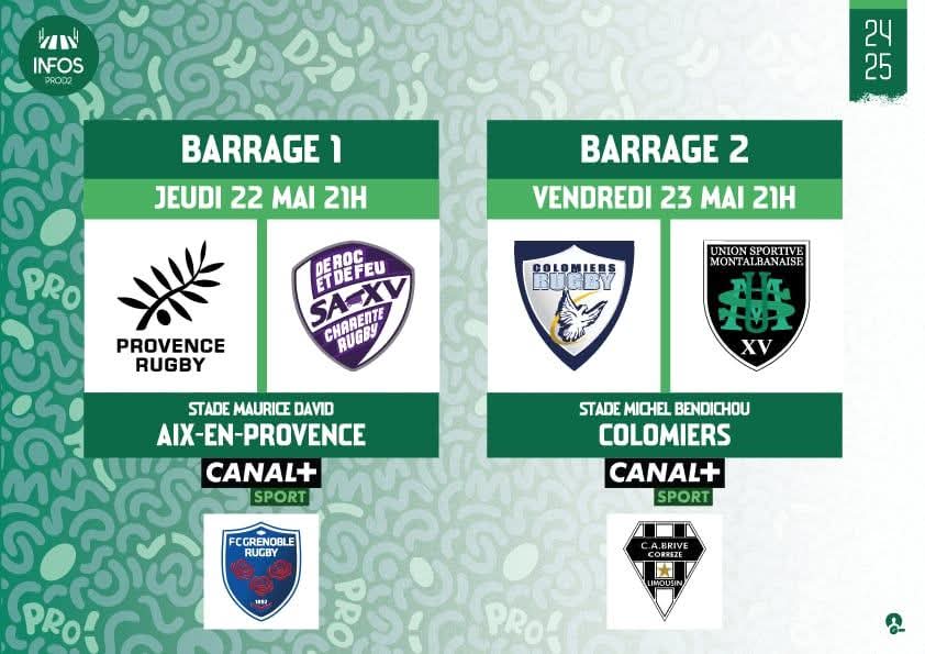 Programme des barrages de #prod2 #Rugby
