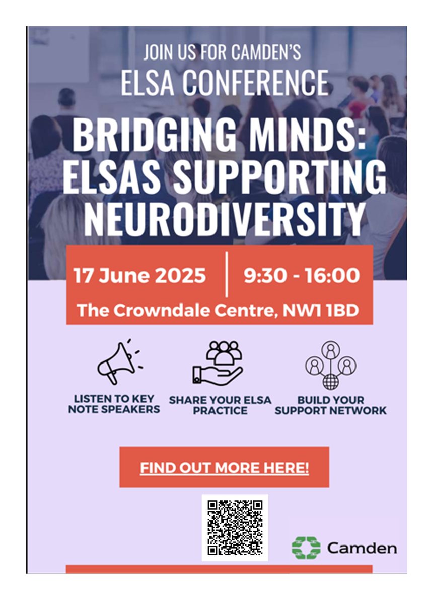 🧠Camden ELSA Conference 2025: Bridging Minds: Supporting Neurodiversity
🗓️Date: Tue, 17 June 2025
🕘Time: 9:30-3:30
📍Venue: Crowndale Centre, 218 Eversholt St, NW1 1BD
💷Cost: £10
🍽️Food: Refreshments provided
🔗Register: eventbrite.co.uk/e/bridging-min…

#SEN #ELSA #Twittereps