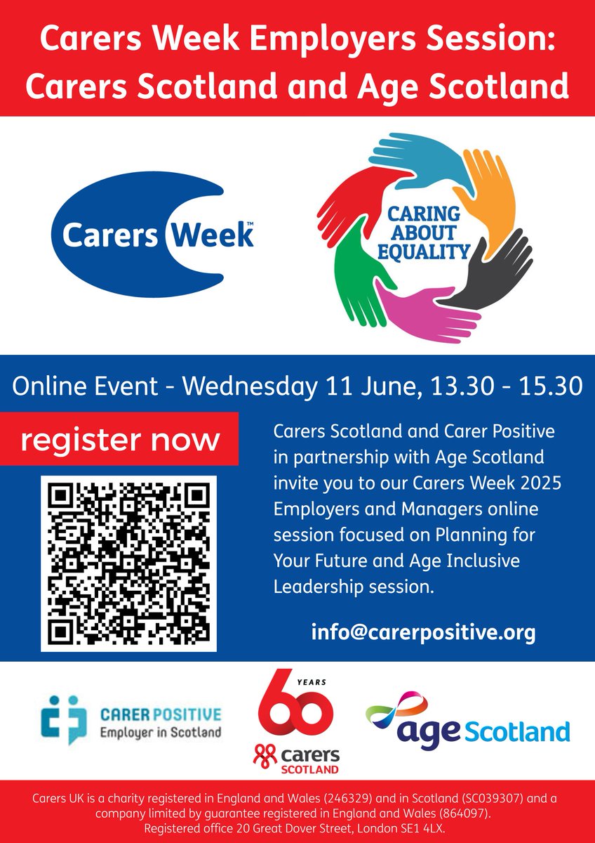 Carer Positive (@carerpositive) on Twitter photo We're holding a free online session in partnership with <a href="/agescotland/">Age Scotland</a> on 11 June for #CarersWeek.
This session explores how ageing and later-life planning are handled in the workplace- both by individuals, and by the people who manage them.
Register here: eventbrite.com/e/carers-week-… We're holding a free online session in partnership with <a href="/agescotland/">Age Scotland</a> on 11 June for #CarersWeek.
This session explores how ageing and later-life planning are handled in the workplace- both by individuals, and by the people who manage them.
Register here: eventbrite.com/e/carers-week-…