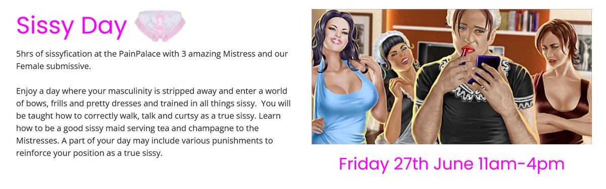 Sissy day 💄 27th June 11-4 🫦 Check it out and book now dont miss out painpalacestudios.co.uk/sissyday/