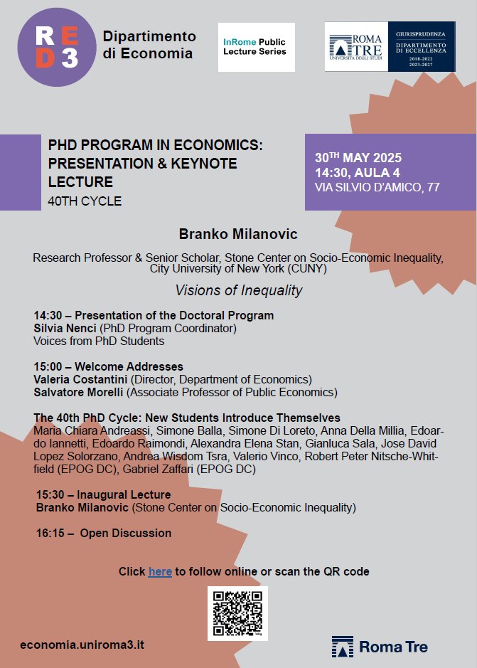 Salvatore Morelli (@morellisal) on Twitter photo 🔔 | May 30, 3:30 pm – Roma Tre
We are very pleased to host the keynote lecture Visions of Inequality by Branko Milanovic (<a href="/BrankoMilan/">Branko Milanovic</a> <a href="/stone_lis/">Stone Center on Socio-Economic Inequality</a> ) for the inaugural event of the 40th cycle of the PhD in Economics <a href="/EconomiaRomaTre/">Economia Roma Tre</a> <a href="/Giur_Roma_Tre/">Giurisprudenza Roma Tre</a> .
#InRome Public Lecture series 🔔 | May 30, 3:30 pm – Roma Tre
We are very pleased to host the keynote lecture Visions of Inequality by Branko Milanovic (<a href="/BrankoMilan/">Branko Milanovic</a> <a href="/stone_lis/">Stone Center on Socio-Economic Inequality</a> ) for the inaugural event of the 40th cycle of the PhD in Economics <a href="/EconomiaRomaTre/">Economia Roma Tre</a> <a href="/Giur_Roma_Tre/">Giurisprudenza Roma Tre</a> .
#InRome Public Lecture series