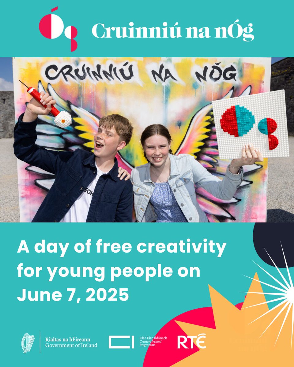 Cruinniú na nÓg returns on June 7th! 🎨🎶✨

Ireland’s national day of free creativity for children and young people is back, with a jam-packed programme of fun, free events—art, music, workshops, and more.

Visit  cruinniu.gov.ie for the full programme and more info!