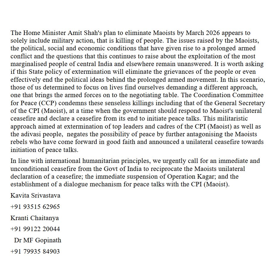#Bastar Update 
1/2 Read the Coordination Committee For Peace's press release following another massacre by the Indian State in south #Chhattisgarh: Yesterday over 27 people killed
International Attention on Bastar: Urgent
#HumanRightsViolations
#ClimateJustice
#ClimateAction