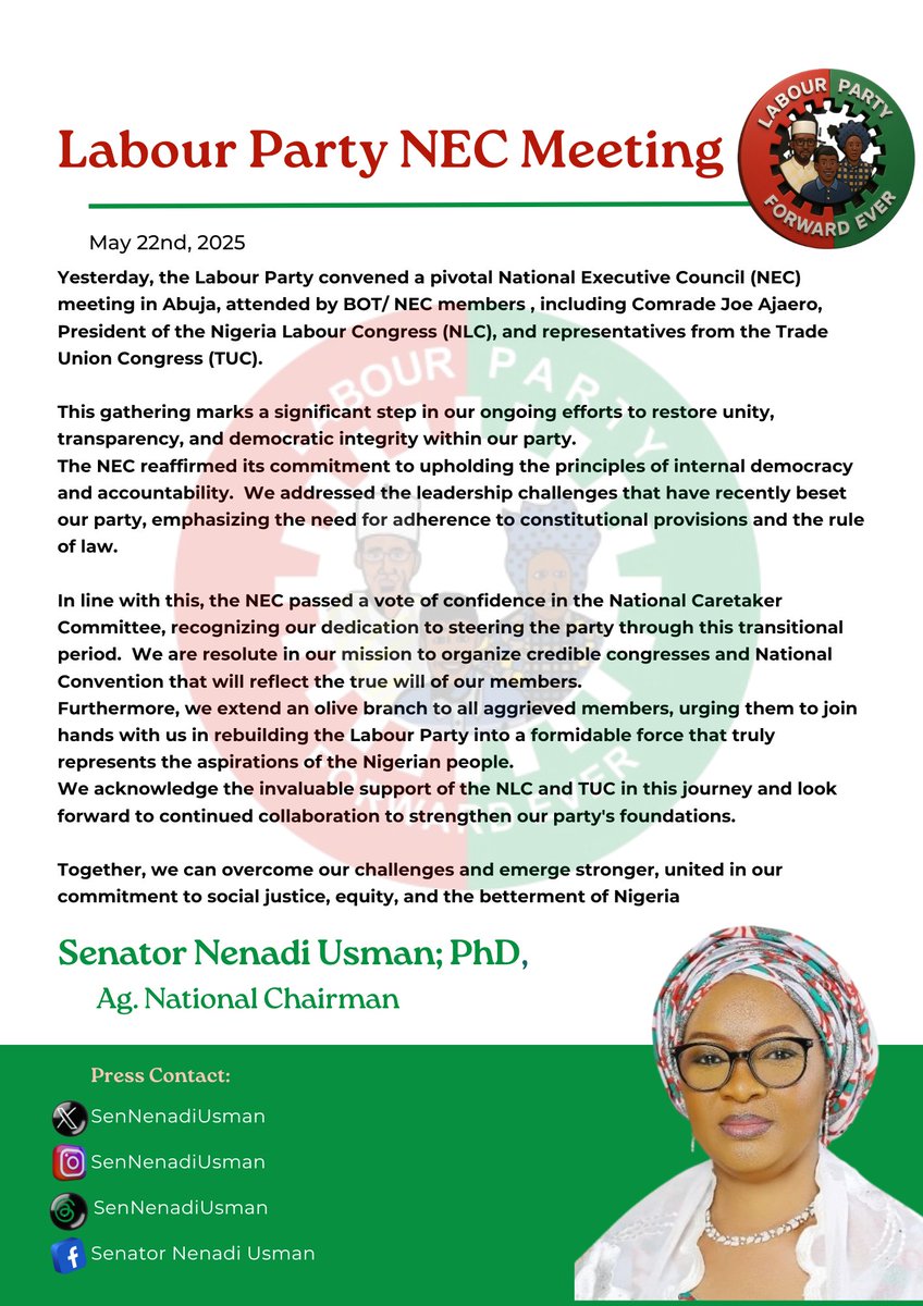 Labour Party NEC Meeting – May 21, 2025

Yesterday, the Labour Party convened a pivotal National Executive Council (NEC) meeting in Abuja, attended by BOT/ NEC members , including Comrade Joe Ajaero, President of the Nigeria Labour Congress (NLC), and representatives from the