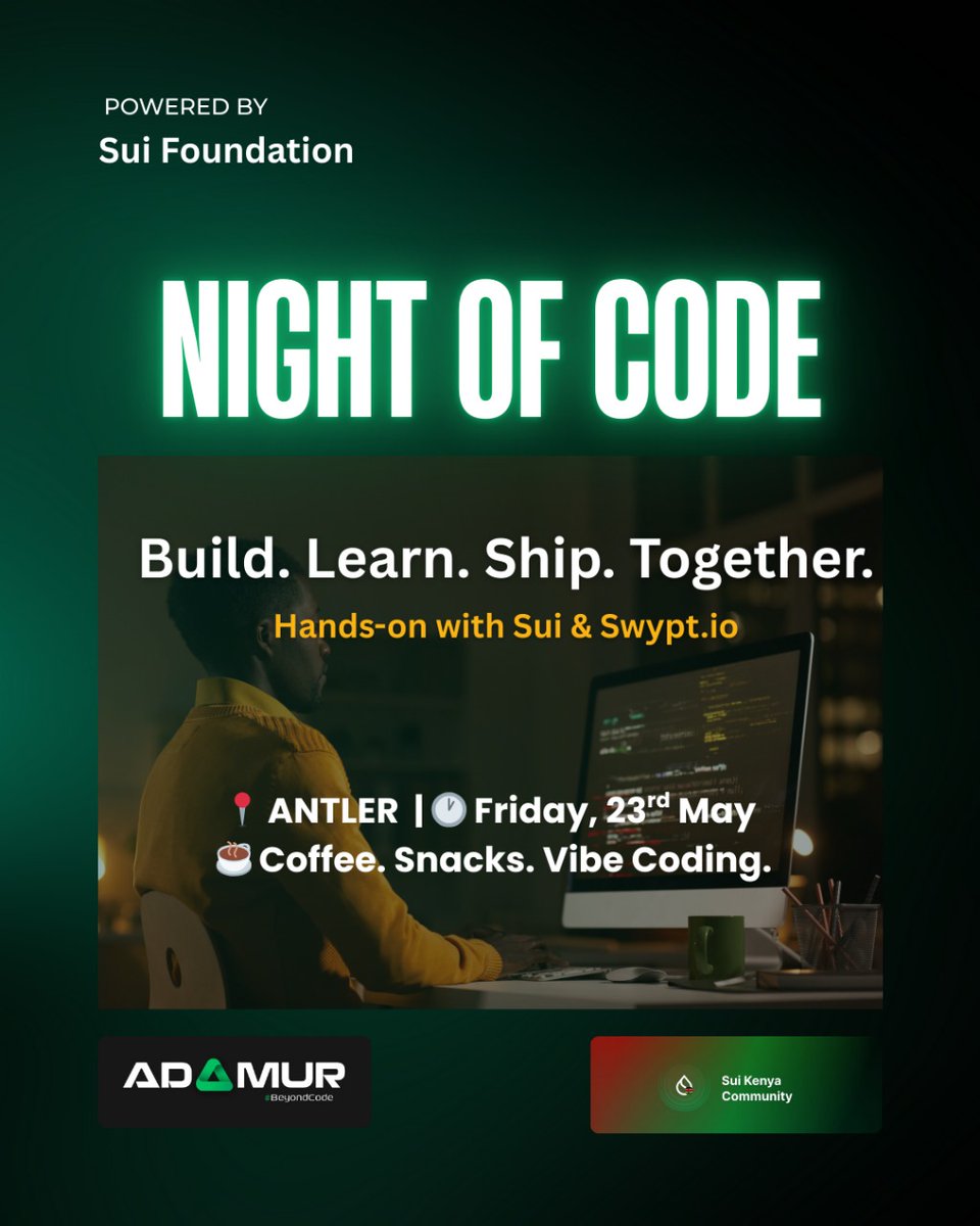 Night of Code this Friday!
Build with Sui Move, explore onchain dev, + live session by Swypt.io.
Learn, code, and grow — limited slots!
RSVP: lu.ma/s3ocbwhr

Let’s build! #Sui #Blockchain #Web3 #MoveLang