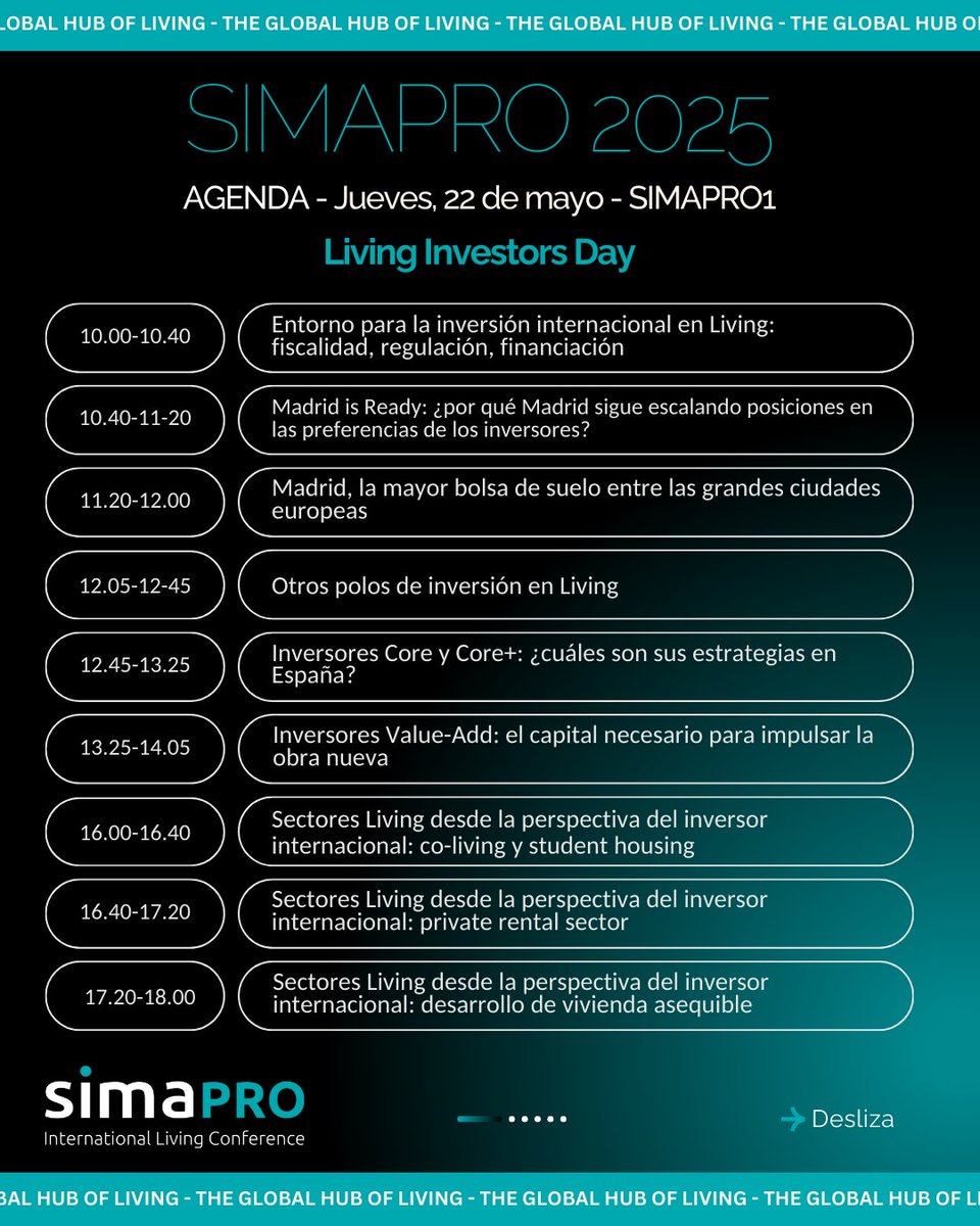 simaexpo's tweet image. 🚀 ¡Comienza la segunda jornada en #SIMA2025!

Hoy el programa viene cargado de contenidos estratégicos e innovadores que convierten a SIMA en el gran hub internacional del sector Living. En #SIMAPRO, celebramos la gran novedad de este año: el Living Investors Day.