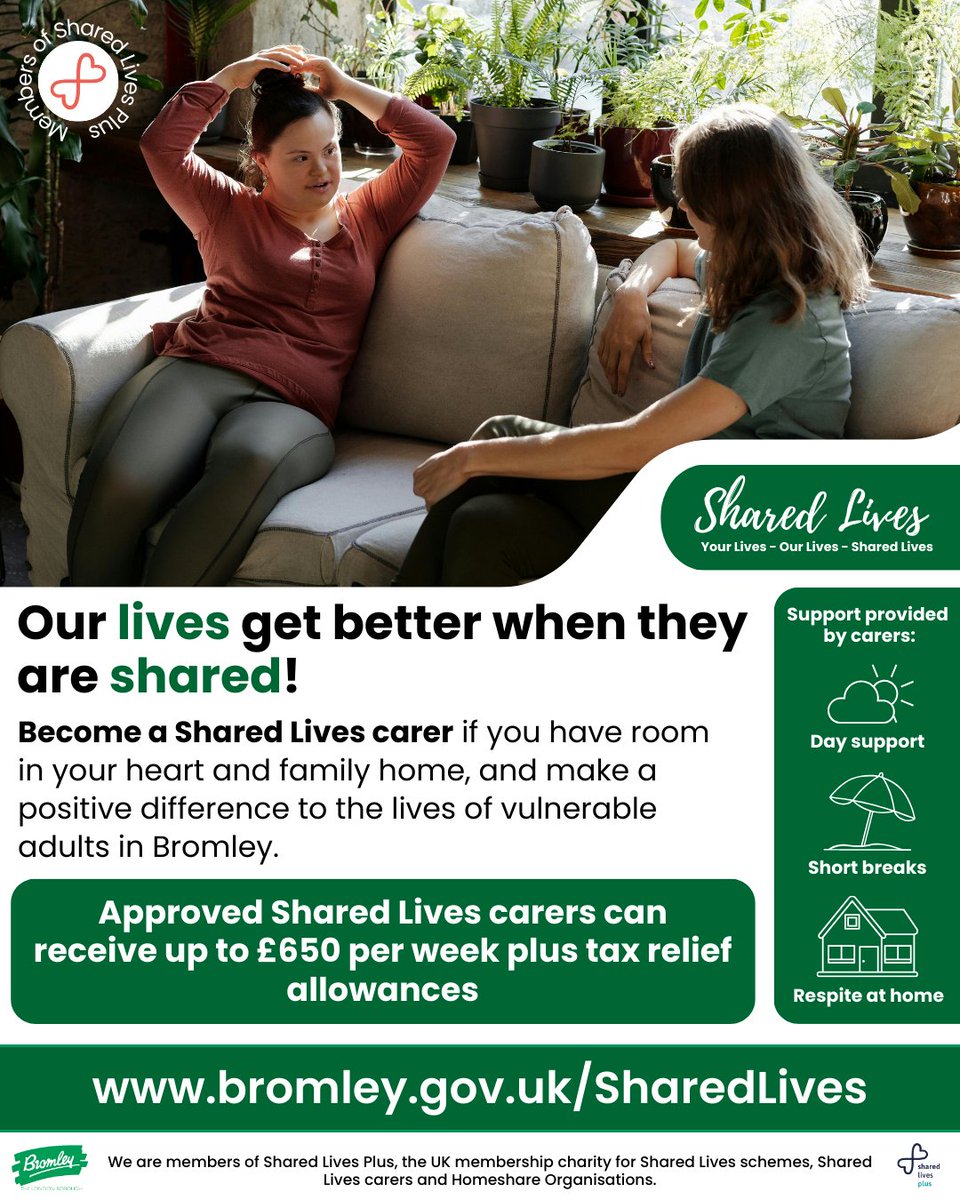 If you have space in your heart and room in your home, why not become a Shared Lives carer?

Shared Lives offer #Bromley adults support in a family environment while developing skills and meaningful friendships that help them live life to the fullest!

bromley.gov.uk/SharedLives