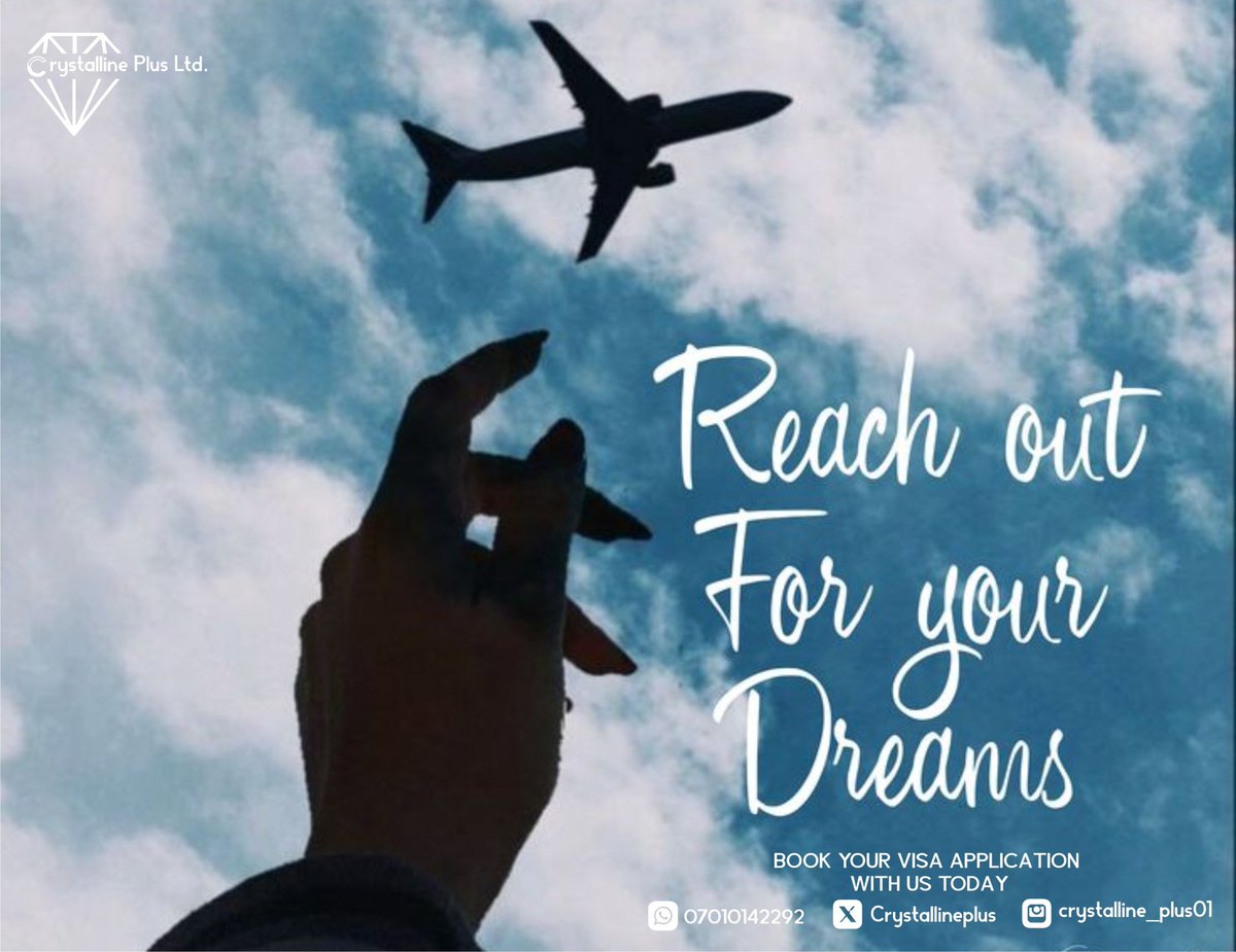 Crystallineplus's tweet photo. Reach Out for Your Dreams… We’ll Help You Get There!

Your dream destination isn’t far-fetched, it’s one visa away! Whether it’s for study, work, tourism, or relocation, We're here  to guide you every step of the way.

Tottenham Spurs 10,000 BTC London Ivory Coast Atiku https://t.co/kU1urhJjOE
