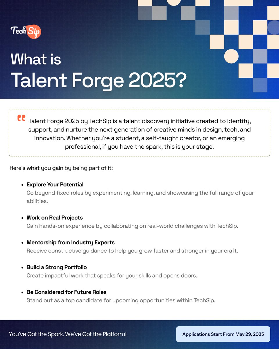 TechSipStudios's tweet image. Why should you be part of Talent Forge 2025?

Because your passion deserves more than praise, it deserves a future.

#TalentForge2025 #TechSip