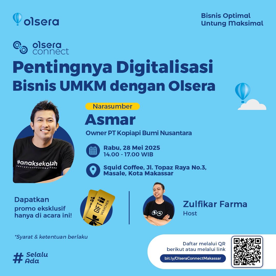 🗣️ Business owner di Makassar mana suaranyaaa? Kita kumpul, yuk! 👀

Bahas tuntas tentang Pentingnya Digitalisasi Bisnis UMKM dengan Olsera!

Catat tanggalnya:
📆 Rabu, 28 Mei 2025
⏰ 14.00-16.00
📍 Squid Coffee, Jl. Topaz Raya No. 3, Masale, Kota Makassar

Daftar gratis! ✨