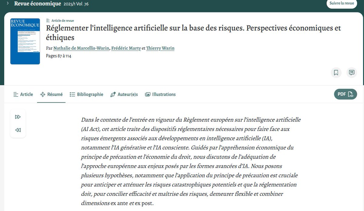 Frédéric Marty (@fred_marty) on Twitter photo "Réglementer l’intelligence artificielle sur la base des risques. Perspectives économiques et éthiques" avec N. de Marcellis-Warin et T. Warin dans la Revue économique
<a href="/CIRANOMTL/">CIRANO</a>, <a href="/CNRS_DR20/">CNRS Côte d’Azur</a>, <a href="/polymtl/">Polytechnique Mtl</a>, <a href="/HEC_Montreal/">HEC Montréal</a>
shs.cairn.info/revue-economiq… "Réglementer l’intelligence artificielle sur la base des risques. Perspectives économiques et éthiques" avec N. de Marcellis-Warin et T. Warin dans la Revue économique
<a href="/CIRANOMTL/">CIRANO</a>, <a href="/CNRS_DR20/">CNRS Côte d’Azur</a>, <a href="/polymtl/">Polytechnique Mtl</a>, <a href="/HEC_Montreal/">HEC Montréal</a>
shs.cairn.info/revue-economiq…