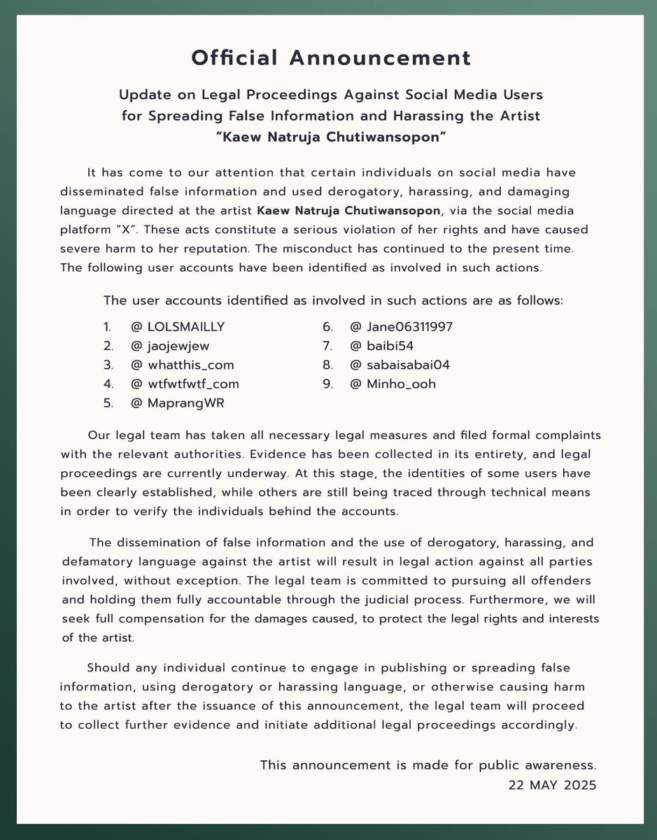 น้องลูกแก้วมาแชร์อัพเดตจากเพจทนาย วันนี้ได้มีการยื่นแจ้งความอย่างเป็นทางการ ดำเนินคดีเอาผิดกับผู้ใช้บัญชีที่เผยแพร่ข้อมูลอันเป็นเท็จและข้อความเข้าข่ายหมิ่นประมาทผ่านสื่อสังคมออนไลน์ เป็นกำลังใจให้ทั้งลูกแก้วและพี่ทนายเลยค่า 🤍 #KaewNatruja