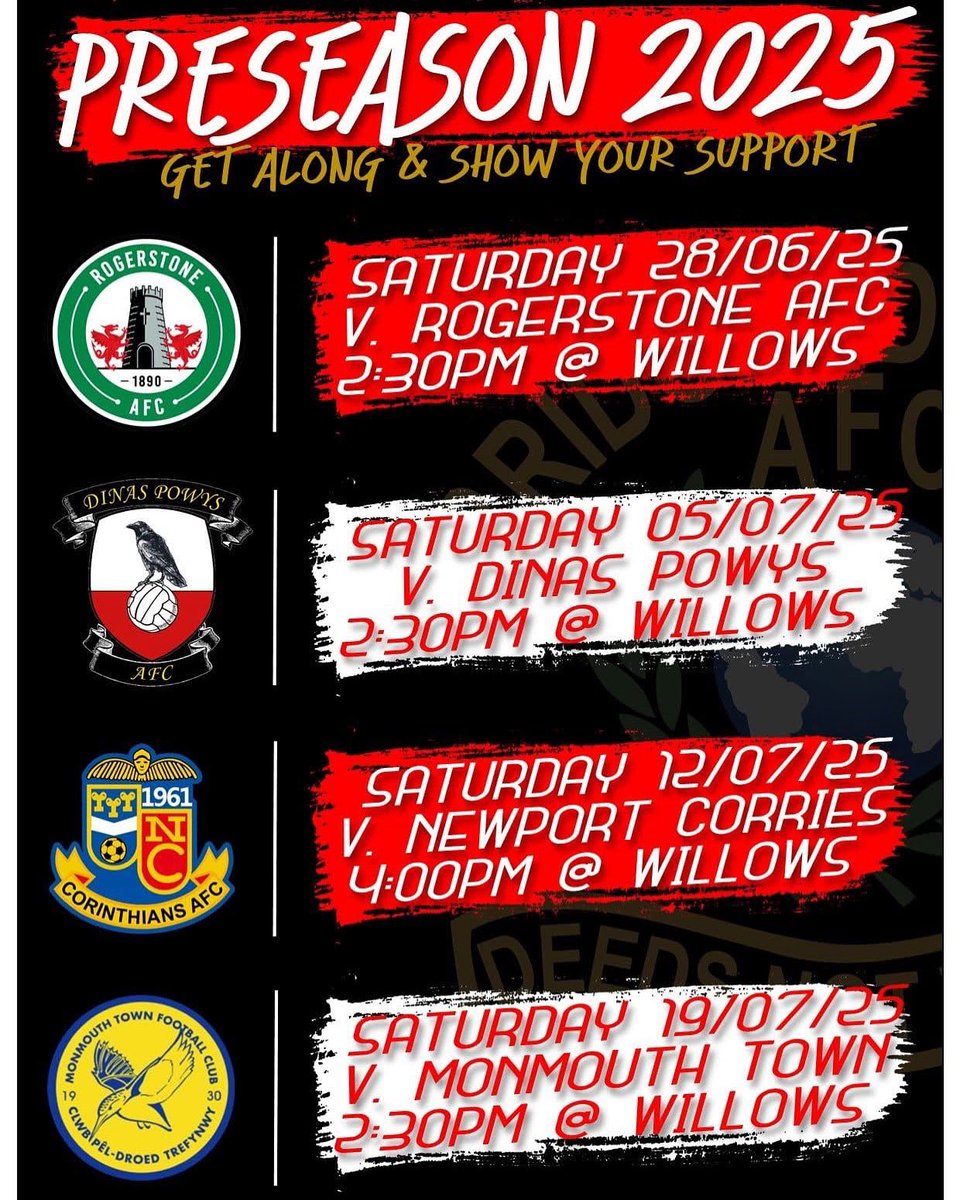 Preseason Plans 2️⃣0️⃣2️⃣5️⃣

Our plans ahead of the new season starting on July 26th are now in place👌

🛑Training Dates @ Willows 💦💪
Saturday June 14th &amp; 21st @ 12pm
Wednesdays on June 11th, 18th, 25th
July 2nd, 9th, 16th, 23rd &amp; 30th @ 6pm

🛑Friendly Dates⚽
Below