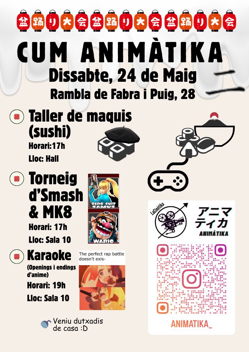 24/05/25 Animàtika celebra el seu 2n aniversari!

Amb sushi, jocs i karaoke!!

Farem un taller de maquis al hall, un torneig de Smash i Mario Kart i acabarem amb karaoke d’anime!