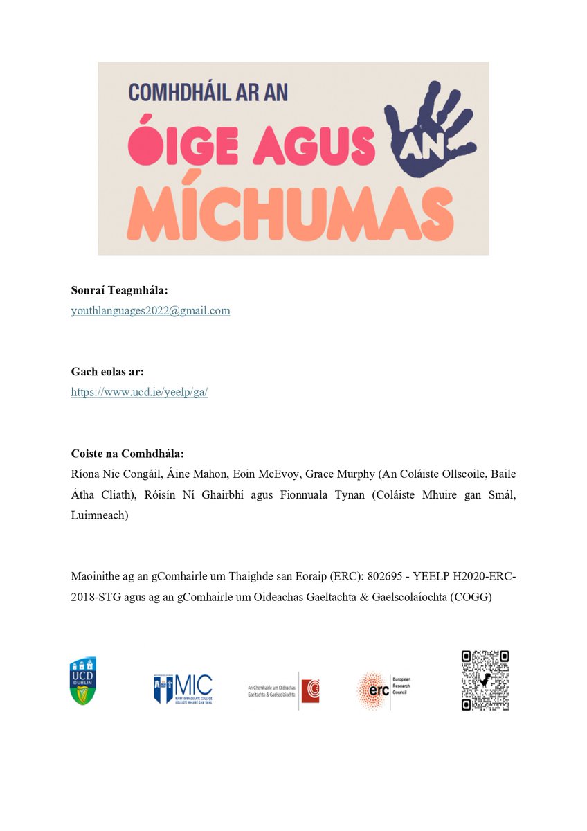 LINC_programme's tweet image. 📣 The LINC Programme is pleased to share details of the upcoming Comhdháil ar an Óige agus an Míchumas, taking place in University College Dublin (UCD) on Thursday, 6 June 2025.
This one-day conference will explore themes of inclusion and the Irish-speaking community, featuring…